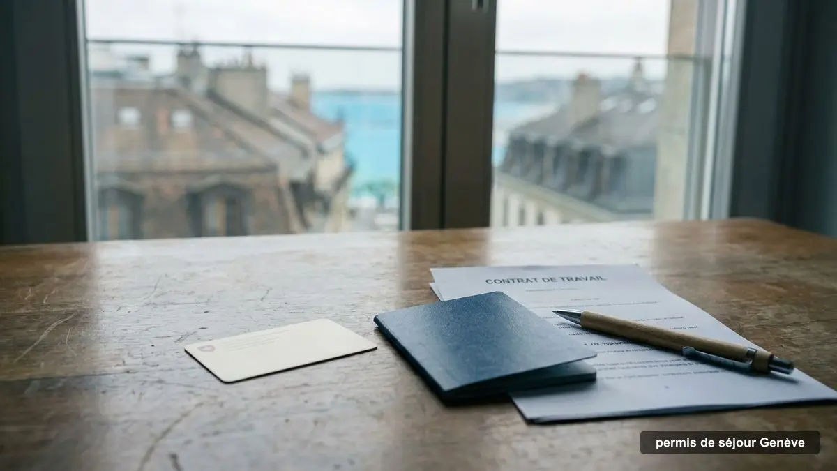 Titre de séjour suisse, passeport et contrat de travail sur un bureau à Genève