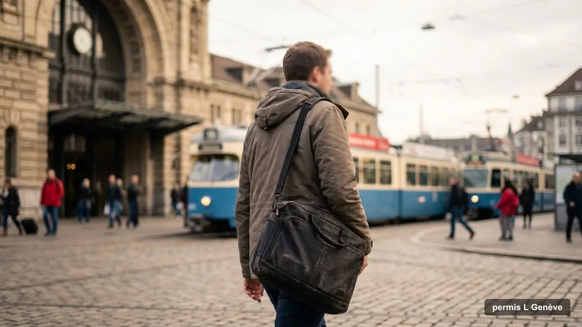 Travailleur de courte durée sortant de la gare Cornavin à Genève
