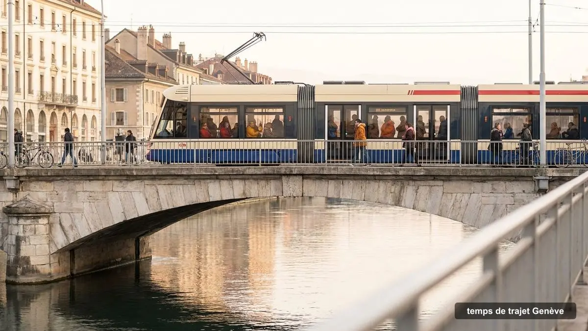 Tram genevois traversant le Rhône